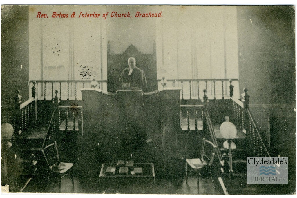 Rev. Brims and interior of church, Braehead